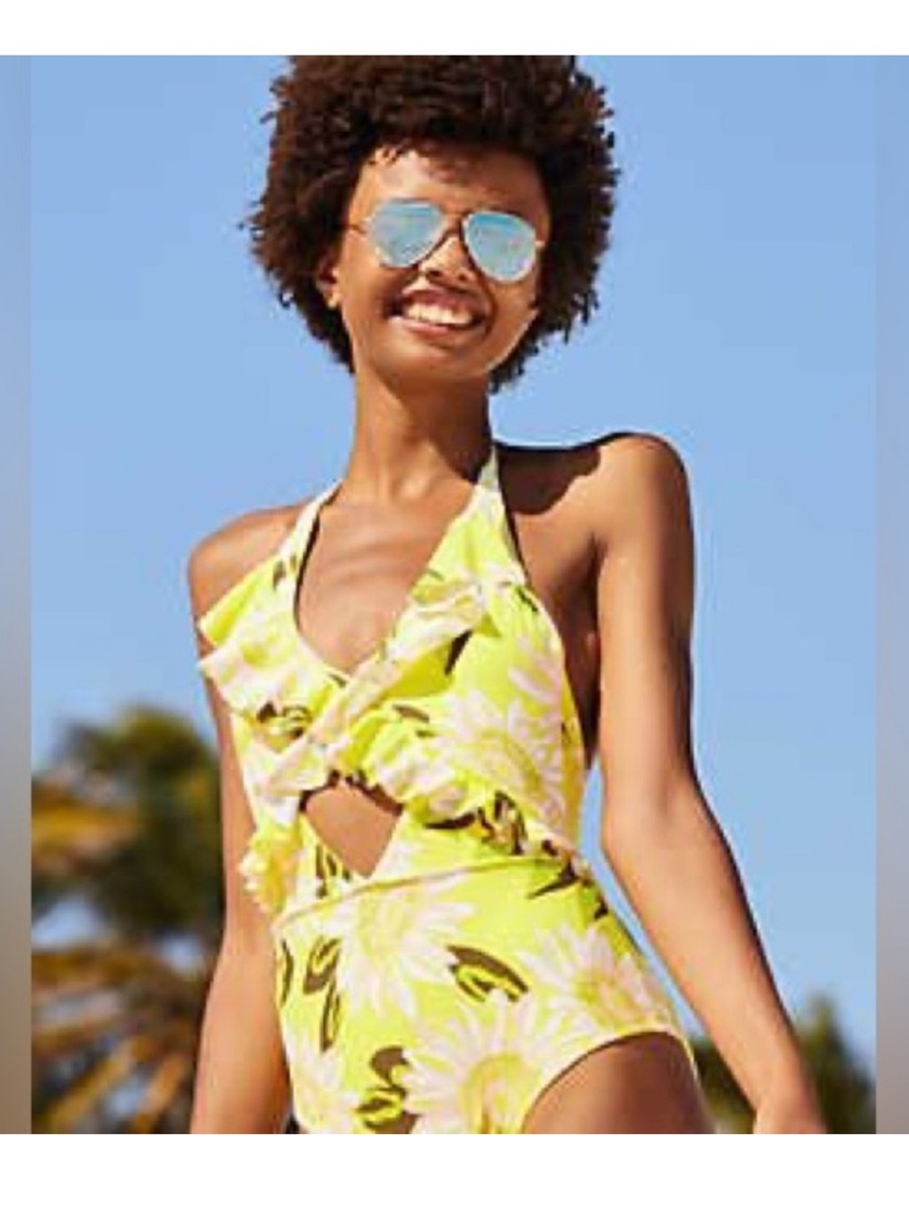 Yellow Floral One-Piece Swimsuit with Ruffle Detail